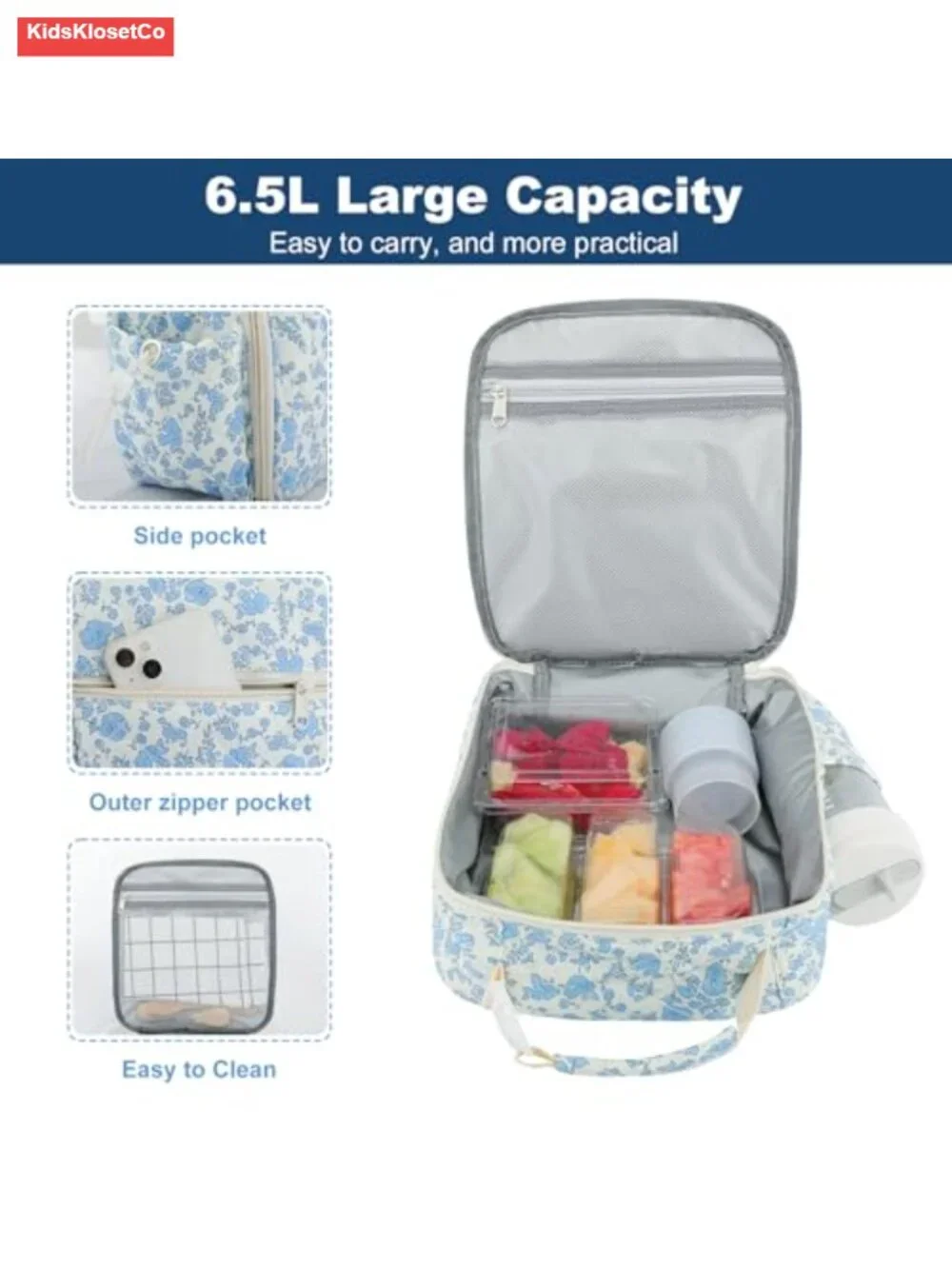 Cotton Quilted Insulated Lunch Box Tote with Floral Pattern